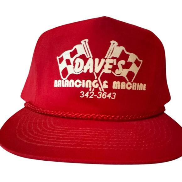 VTG Dave’s Balancing Machine Hat Red Snapback Trucker Racing Flags Closed Shop - Picture 2 of 7